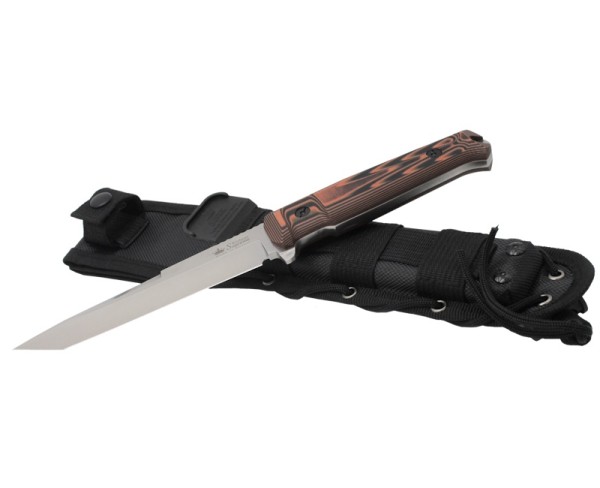 Kizlyar Supreme - нож туристический Aggressor AUS-8 Stone Wash  Black-Orange G10 Handle, Black Molle Sheath - 3